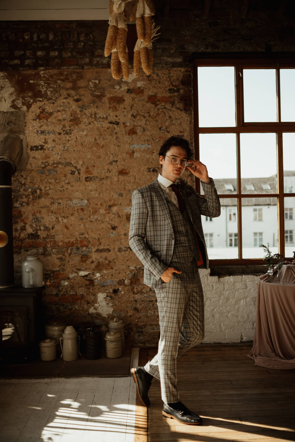 Groom Suit Check Grey Tie Glasses Vintage Style Wedding Sara Ribera Photography