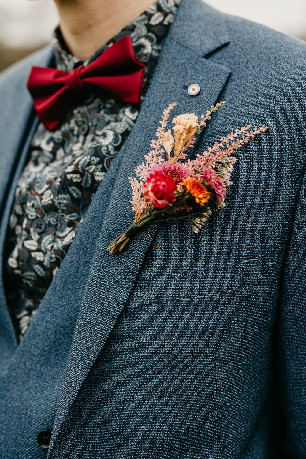 Groom Suit Blue Floral Shirt Bow Tie Buttonhole Flowers Bandstand Wedding Emma Lawson Photography