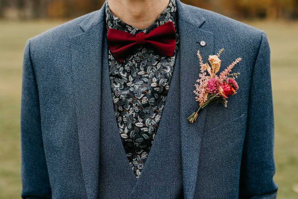 Groom Suit Blue Floral Shirt Bow Tie Buttonhole Flowers Bandstand Wedding Emma Lawson Photography