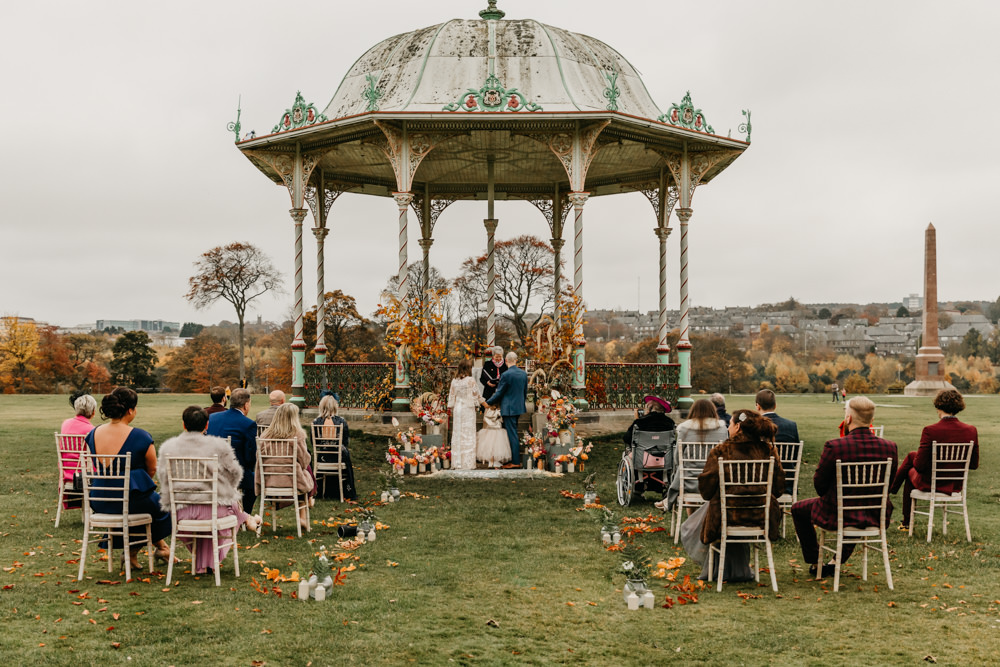 Orange Red Dahlia Outdoor Ceremony Autumn Flowers Bandstand Wedding Emma Lawson Photography