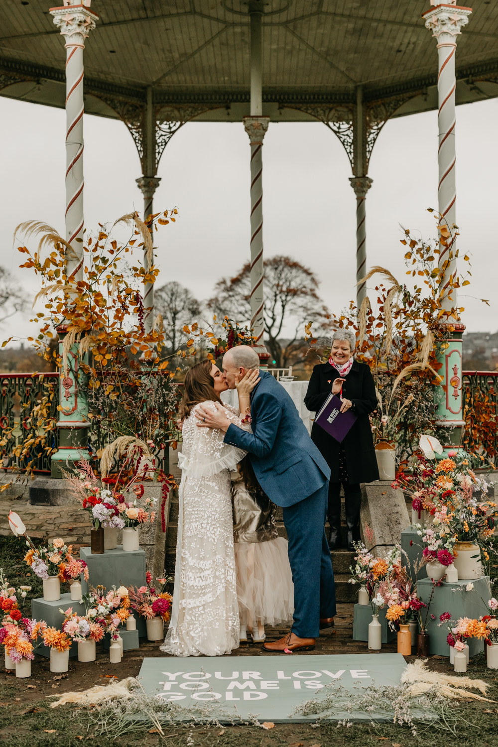 Orange Red Dahlia Outdoor Ceremony Autumn Flowers Bandstand Wedding Emma Lawson Photography