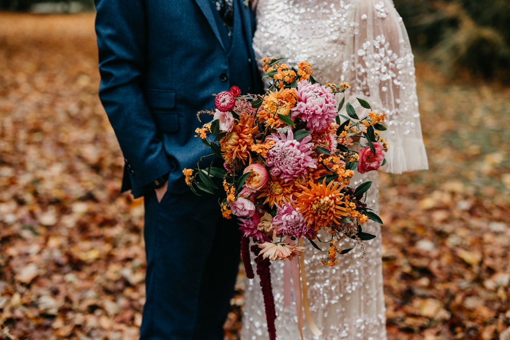 Bouquet Flowers Bride Bridal Orange Red Autumn Pink Bandstand Wedding Emma Lawson Photography