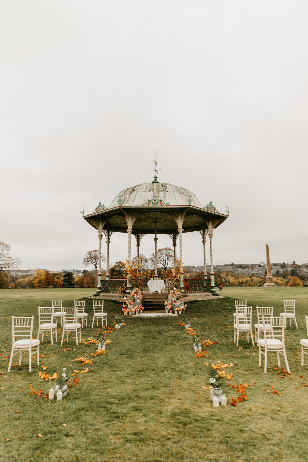 Orange Red Dahlia Outdoor Ceremony Autumn Flowers Bandstand Wedding Emma Lawson Photography