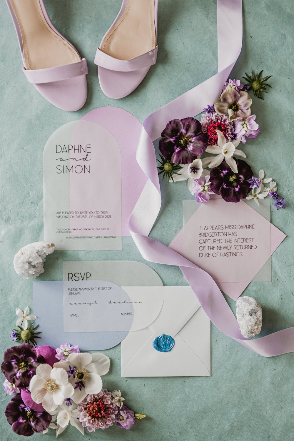 Bridgerton Wedding Ideas Cleya Asulon Stationery Invite Invitation Curve Lilac Blue