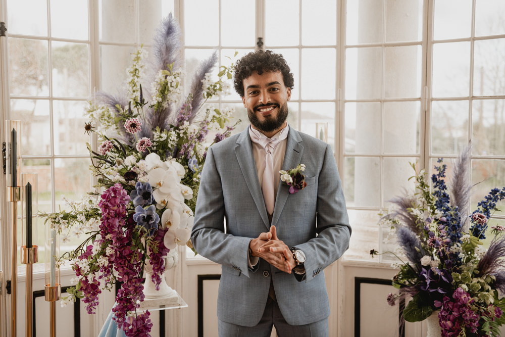 Groom Blue Suit Lilac Tie Bridgerton Wedding Ideas Cleya Asulon