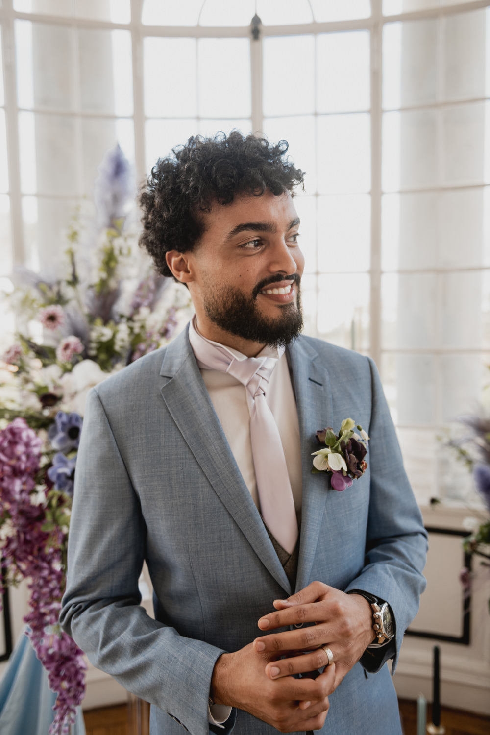 Groom Blue Suit Lilac Tie Bridgerton Wedding Ideas Cleya Asulon