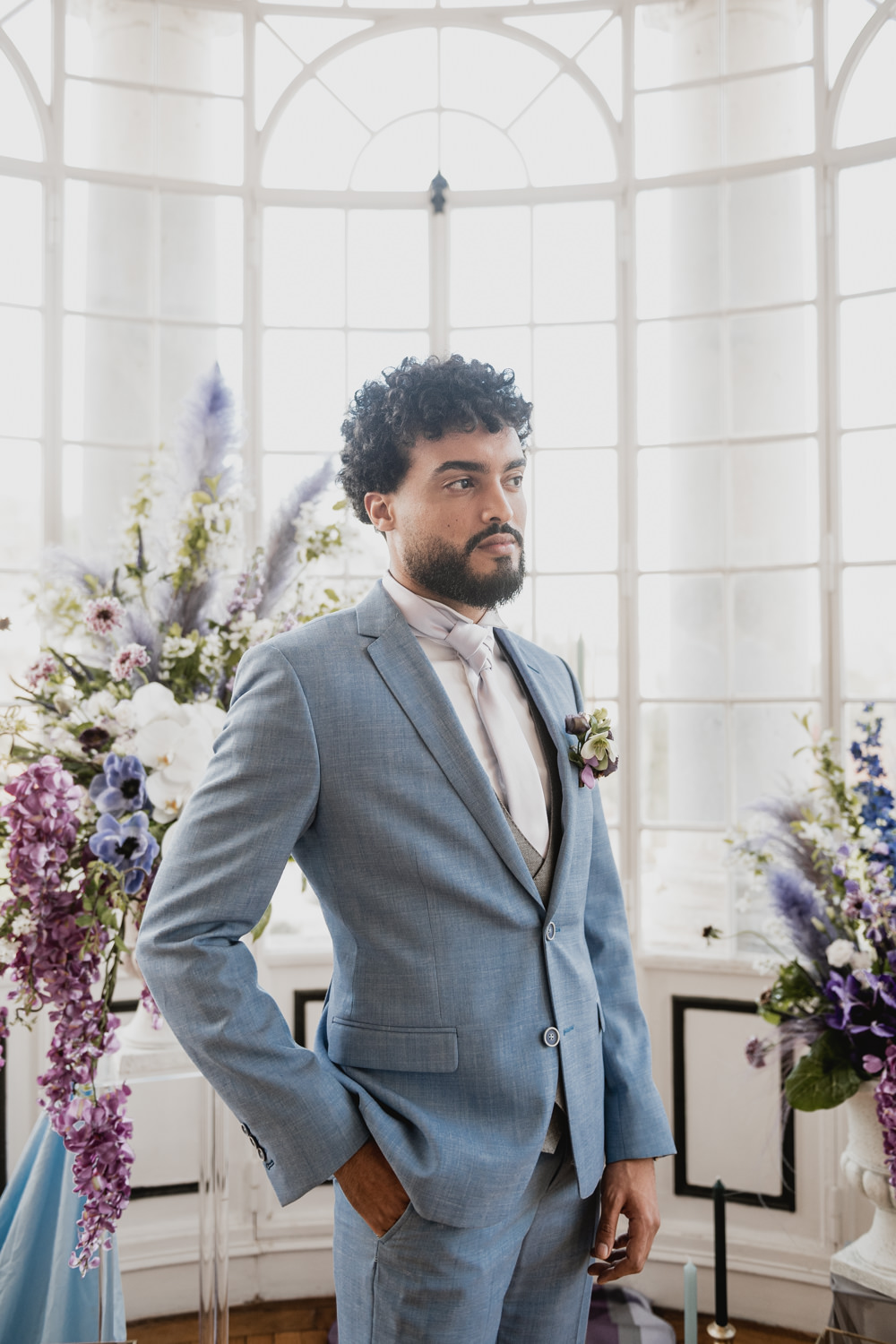 Groom Blue Suit Lilac Tie Bridgerton Wedding Ideas Cleya Asulon