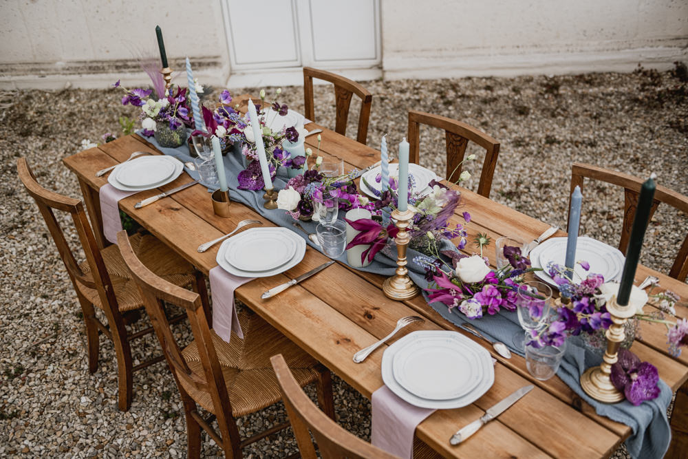 Table Tablescape Decor Purple Lilac Blue Flowers Candles Bridgerton Wedding Ideas Cleya Asulon