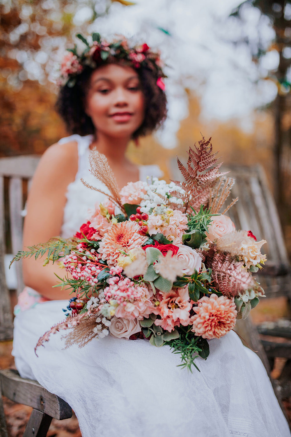 Bride Bridal Bouquet Flowers Autumn Dahlia Astilbe Bronze Wedding Ideas Vladana Parker