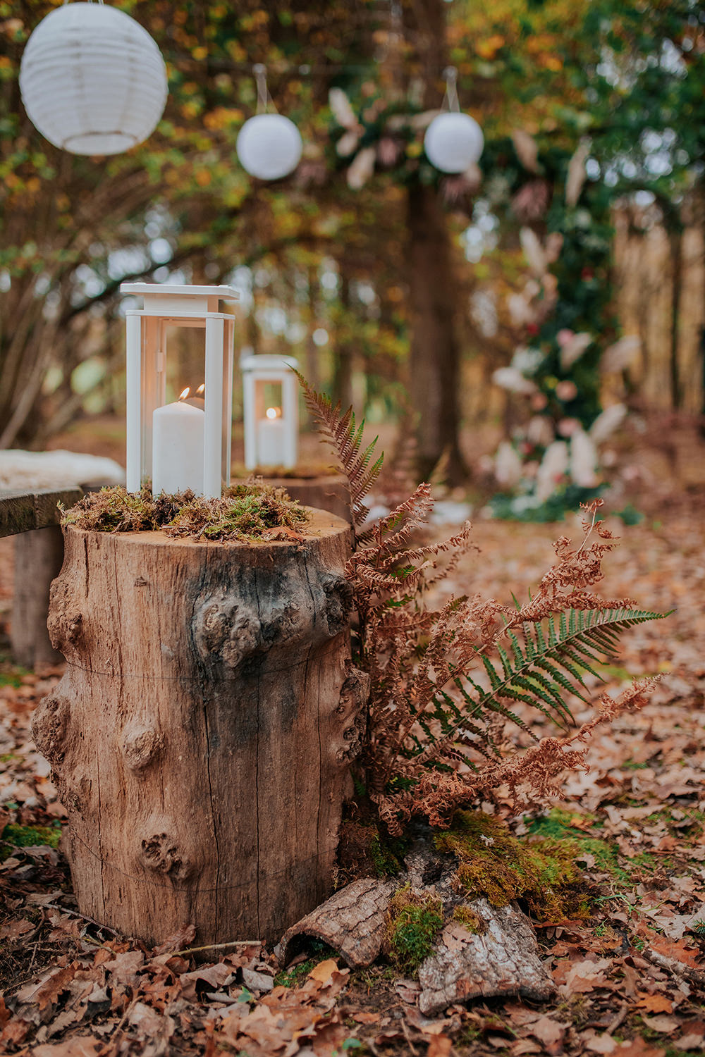 Lanterns Candles Log Slice Woodland Bronze Wedding Ideas Vladana Parker