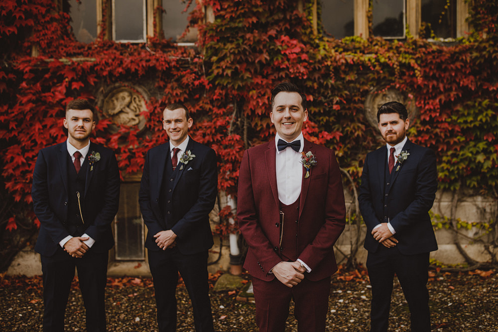 Groom Suit Red Burgundy Bow Tie Carlton Towers Wedding Photography34