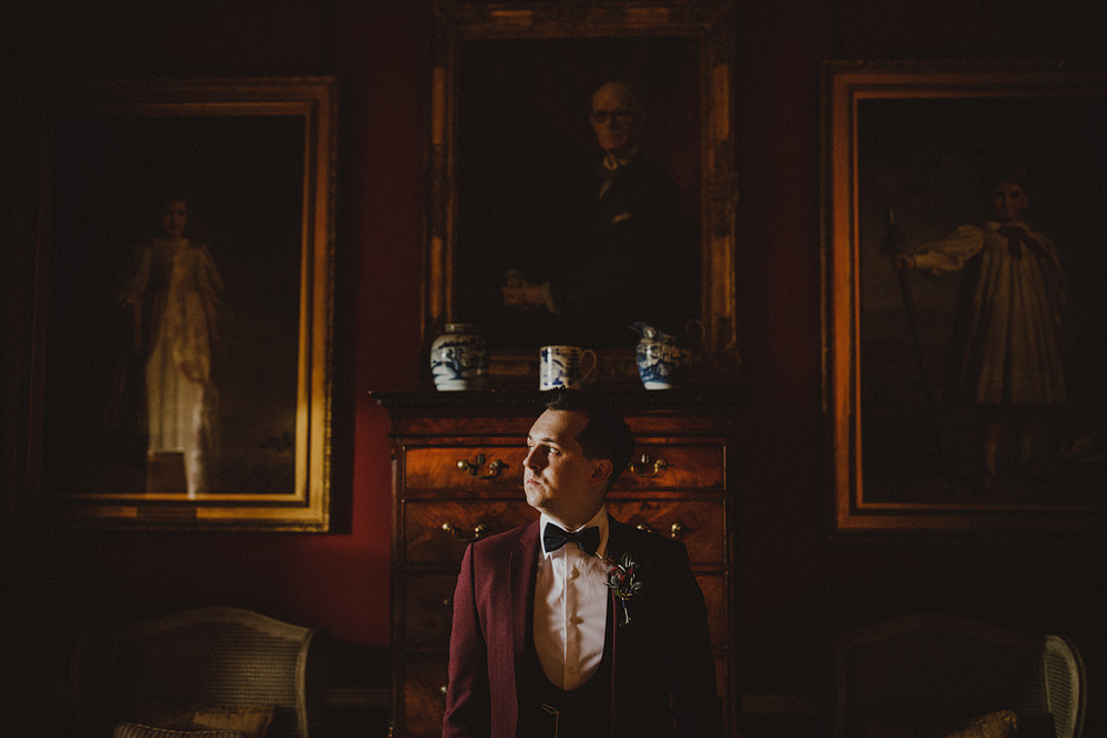 Groom Suit Red Burgundy Bow Tie Carlton Towers Wedding Photography34