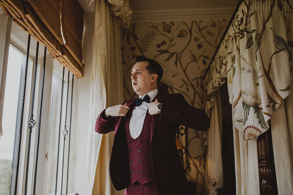 Groom Suit Red Burgundy Bow Tie Carlton Towers Wedding Photography34