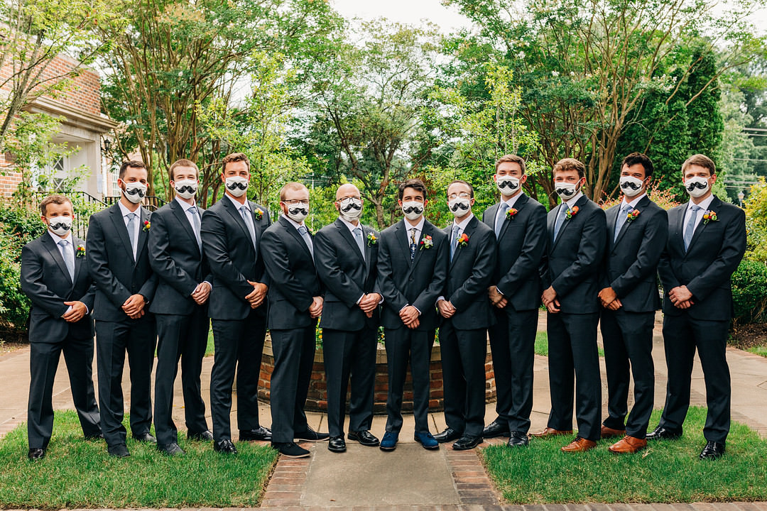 Groom Groomsmen Suit Grey Face Masks Colourful Museum Wedding Taylor Square Photography
