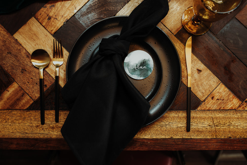 Place Setting Plate Place Name Napkin Black Dark Wedding Ideas Esther Louise Triffitt Photography