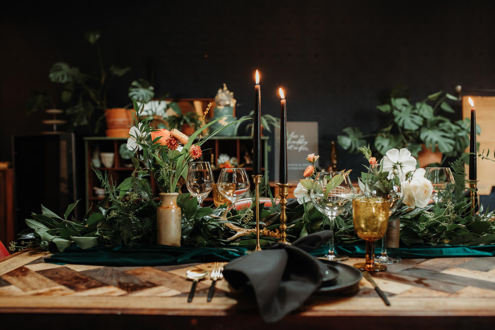 Table Tablescape Decor Black Gold Flowers Dark Wedding Ideas Esther Louise Triffitt Photography