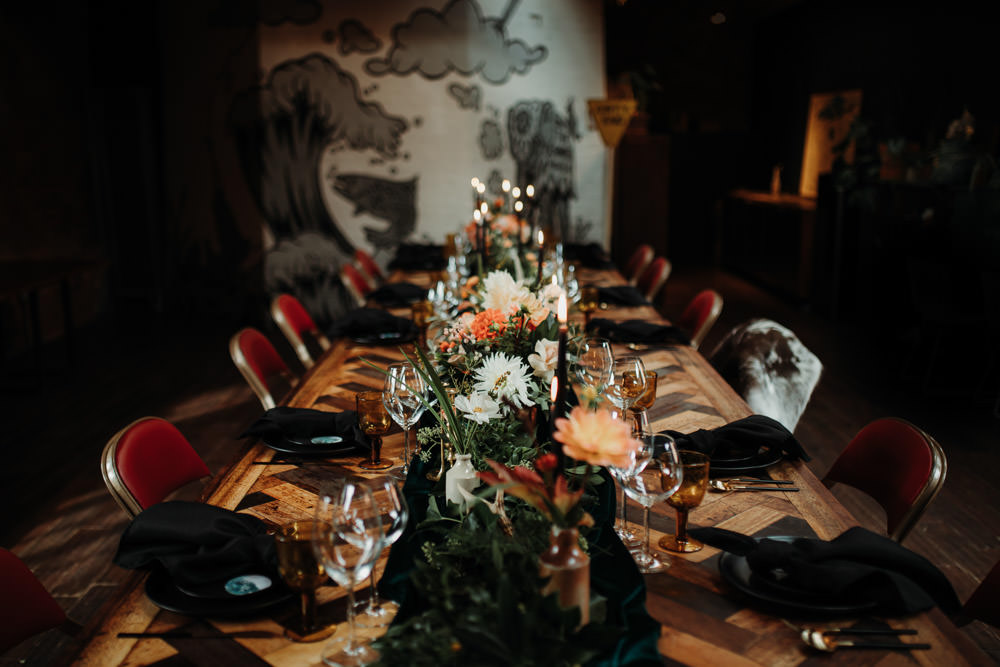 Table Tablescape Decor Black Gold Flowers Dark Wedding Ideas Esther Louise Triffitt Photography