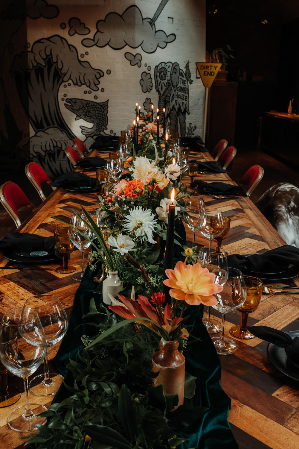 Table Tablescape Decor Black Gold Flowers Dark Wedding Ideas Esther Louise Triffitt Photography