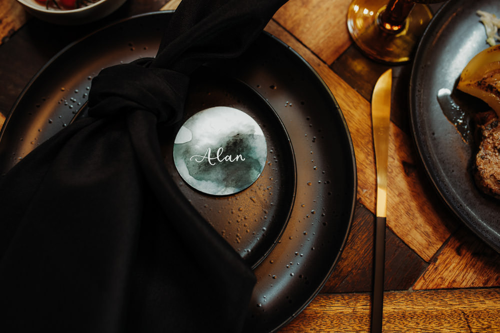 Place Setting Plate Place Name Napkin Black Dark Wedding Ideas Esther Louise Triffitt Photography