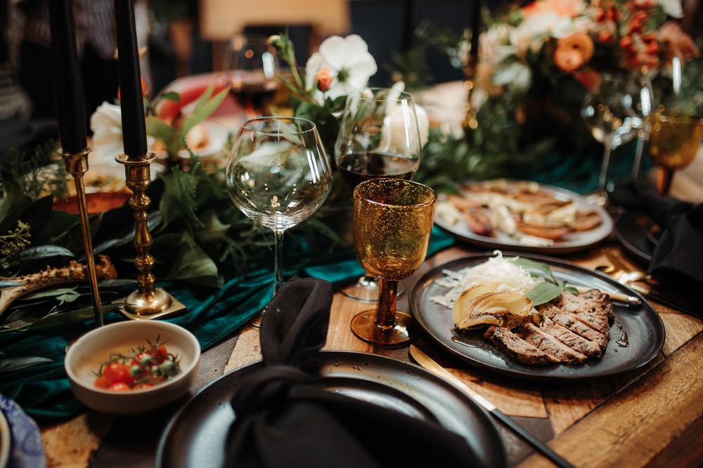 Table Tablescape Decor Black Gold Flowers Dark Wedding Ideas Esther Louise Triffitt Photography