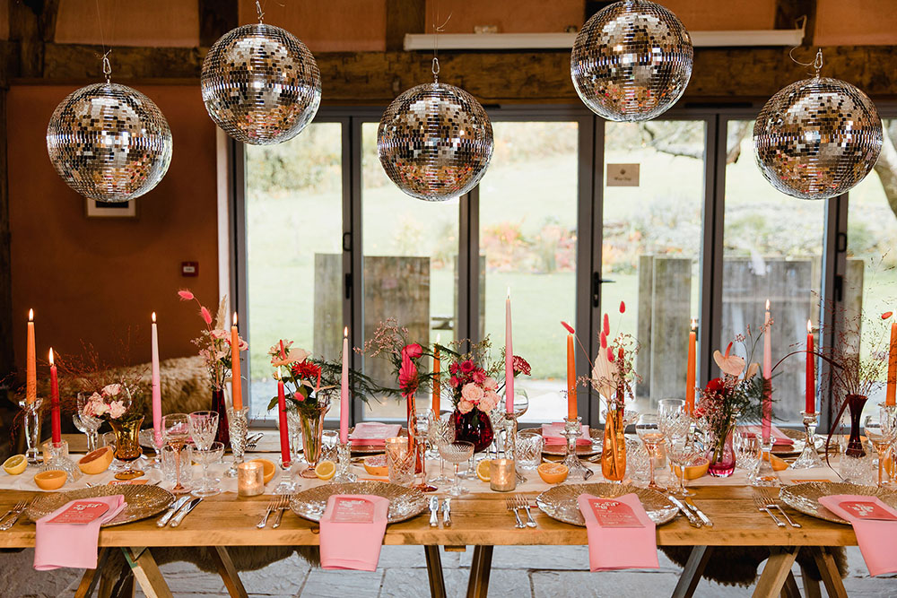 Centrepiece Table Flowers Candles Decor Pink Red Disco Ball Wedding Michelle Huggleston