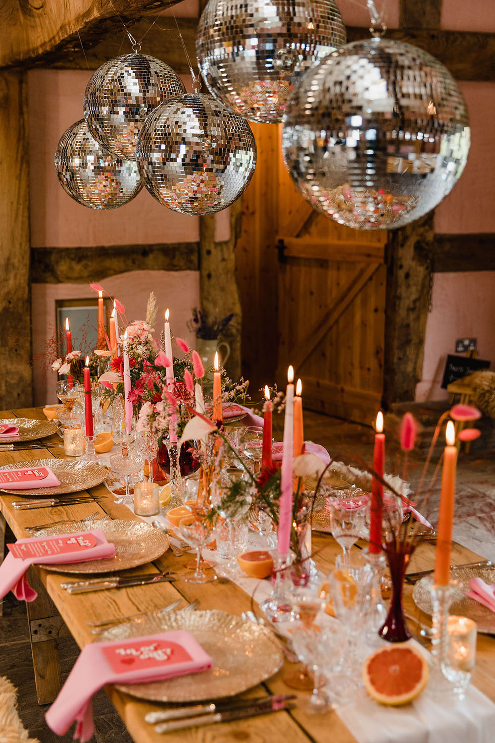 Centrepiece Table Flowers Candles Decor Pink Red Disco Ball Wedding Michelle Huggleston