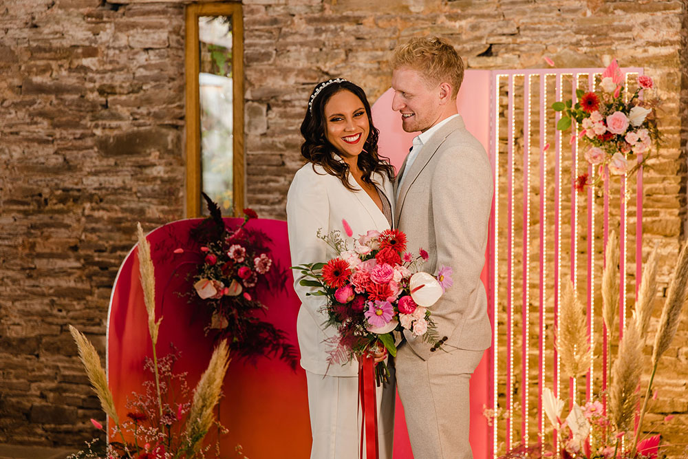 Curved Backdrop Pink Orange Flowers Pampas Grass Disco Ball Wedding Michelle Huggleston