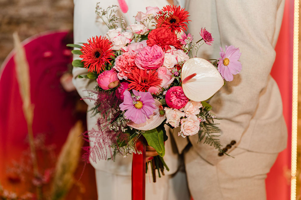 Bouquet Flowers Bride Bridal Modern Flamingo Pink Red Disco Ball Wedding Michelle Huggleston