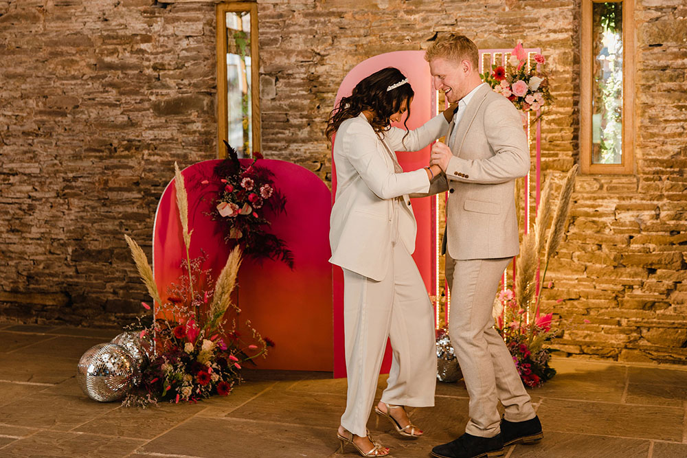 Bride Bridal Suit Trousers Disco Ball Wedding Michelle Huggleston