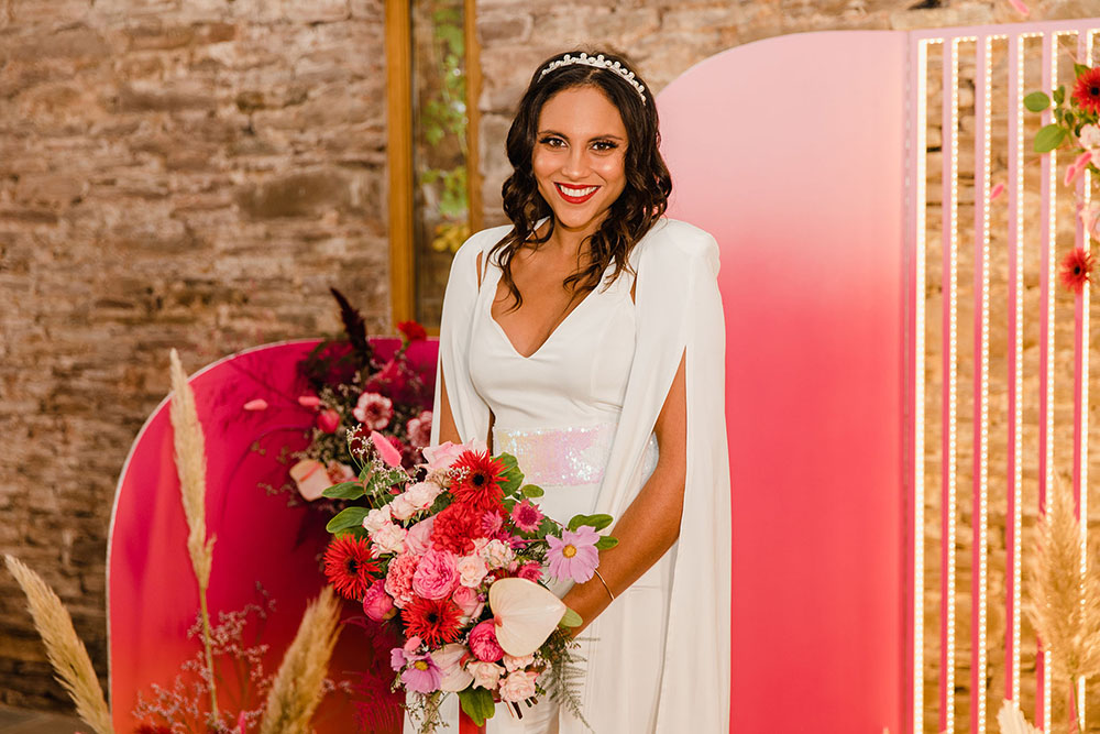 Bride Brridal Jumpsuit Trousers Cape Disco Ball Wedding Michelle Huggleston