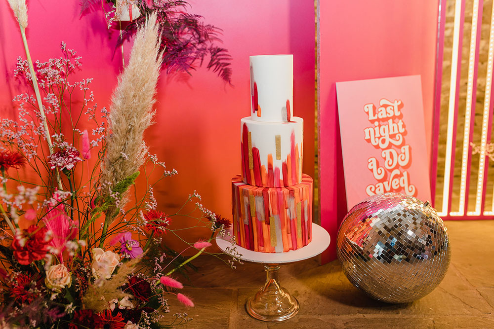 Pink Red Cake Brushstroke Disco Ball Wedding Michelle Huggleston