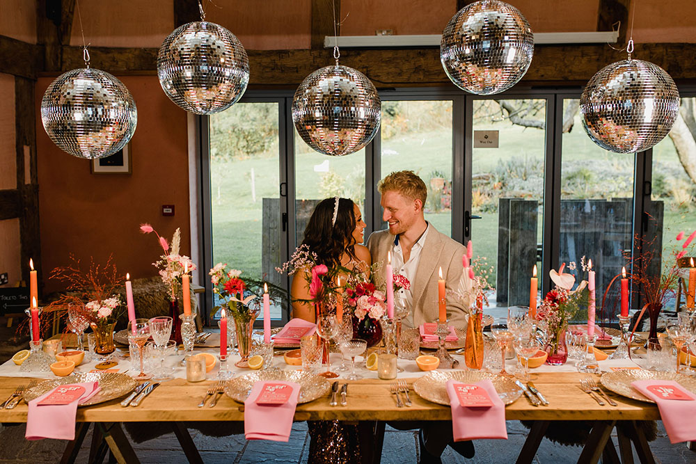 Centrepiece Table Flowers Candles Decor Pink Red Disco Ball Wedding Michelle Huggleston