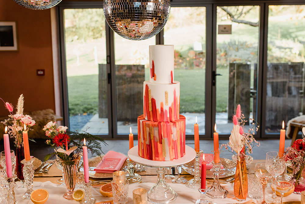 Pink Red Cake Brushstroke Disco Ball Wedding Michelle Huggleston