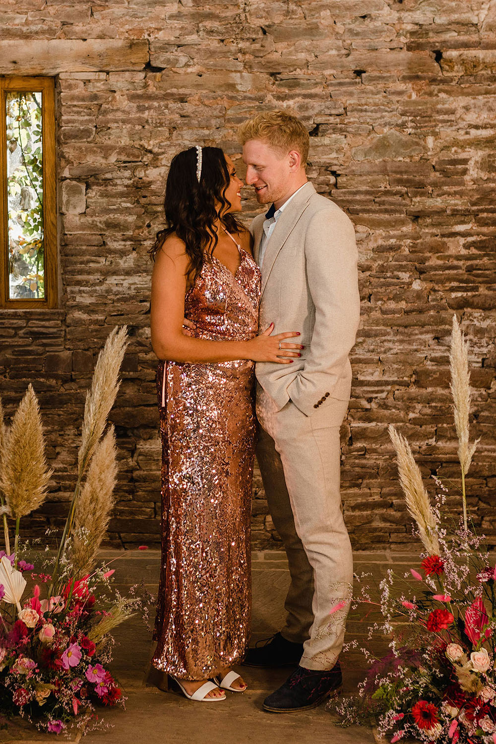Disco Ball Wedding Michelle Huggleston Rose Gold Sequin Dress Gown Pampas Grass Decor
