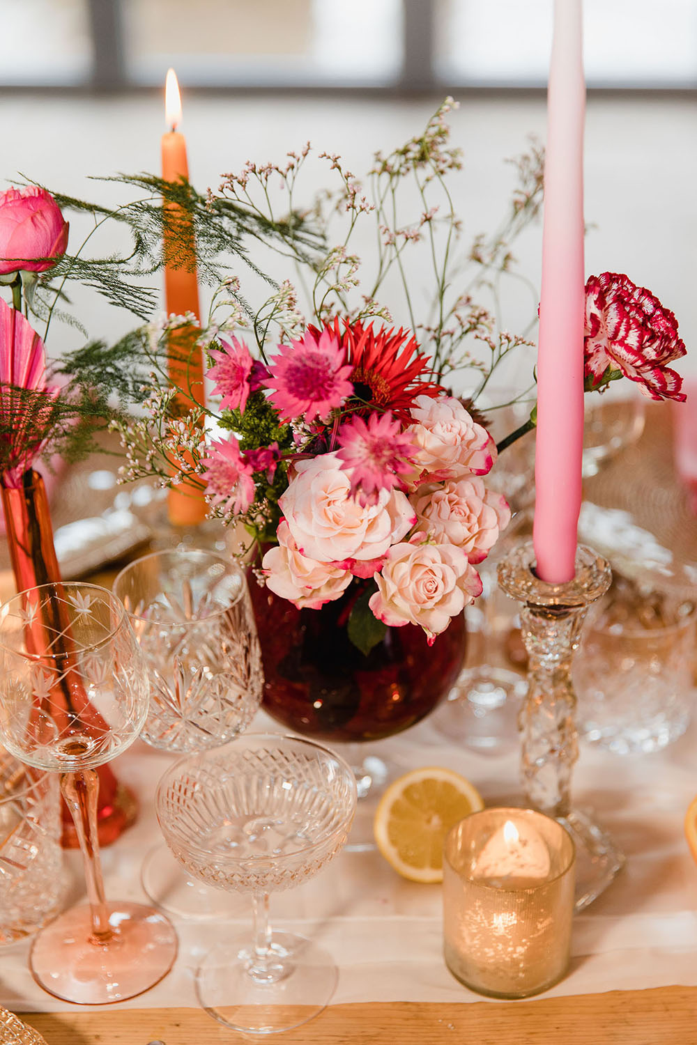 Centrepiece Table Flowers Candles Decor Pink Red Disco Ball Wedding Michelle Huggleston