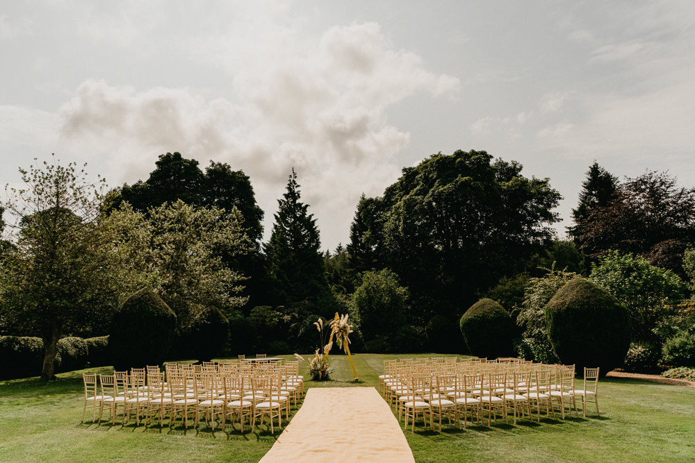 Elsick House Wedding Firefly and Embers Photography Outdoor Ceremony Triangle A Frame Pampas Grass