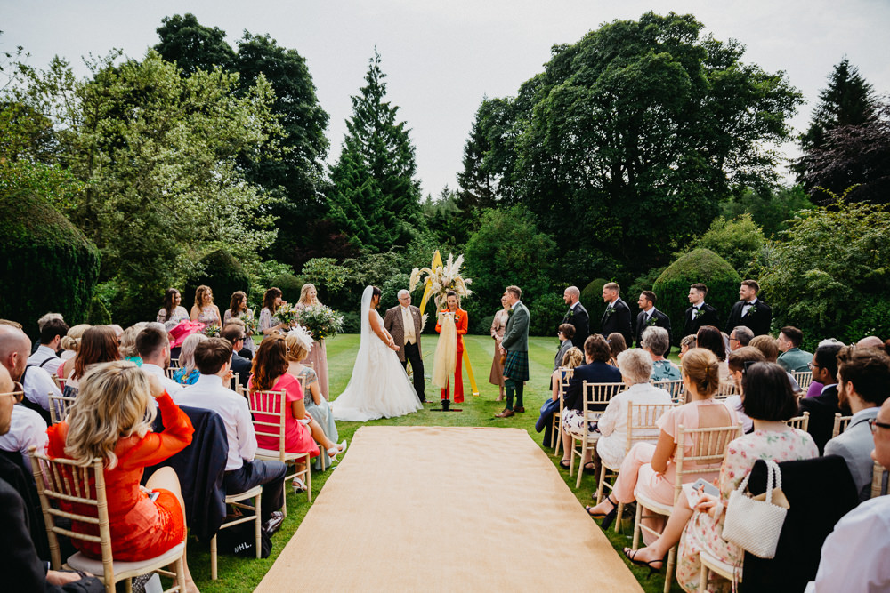 Outdoor Ceremony Triangle A Frame Pampas Grass Elsick House Wedding Firefly and Embers Photography