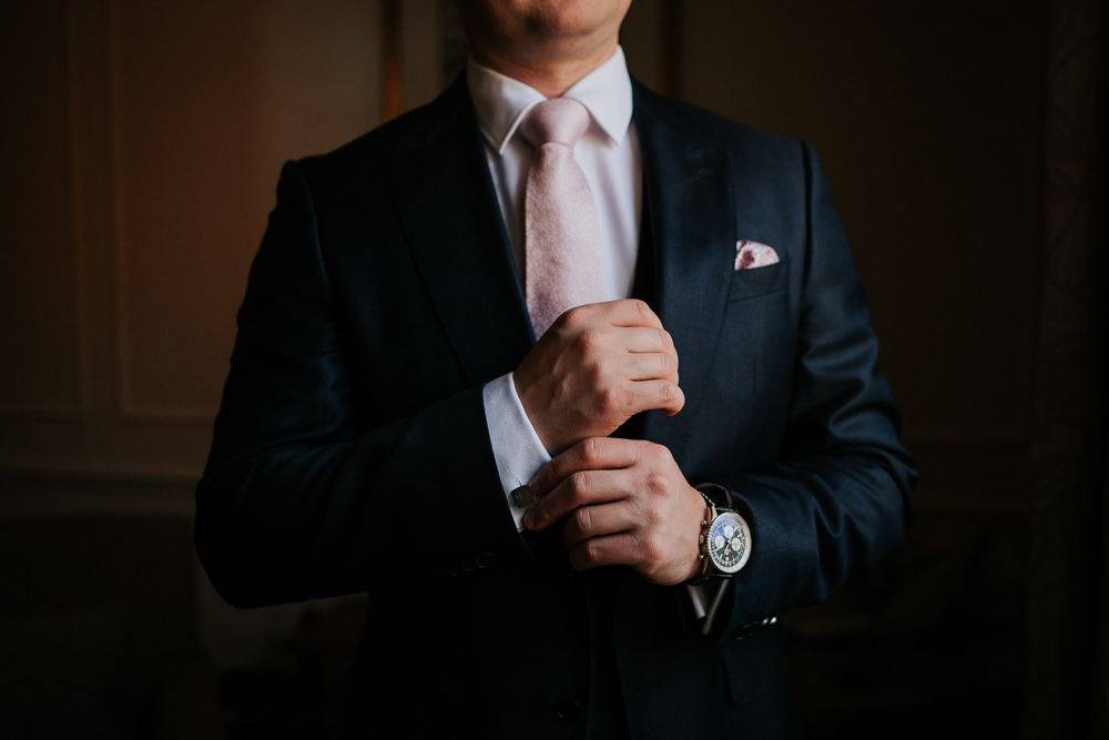 Groom Suit Pink Tie Four Seasons Hampshire Wedding Kate Gray Photography