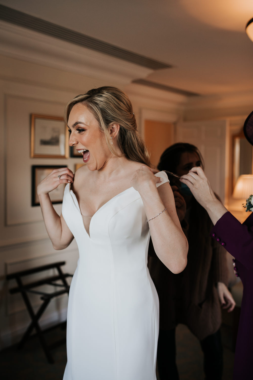 Dress Gown Bride Bridal Off Shoulder Four Seasons Hampshire Wedding Kate Gray Photography