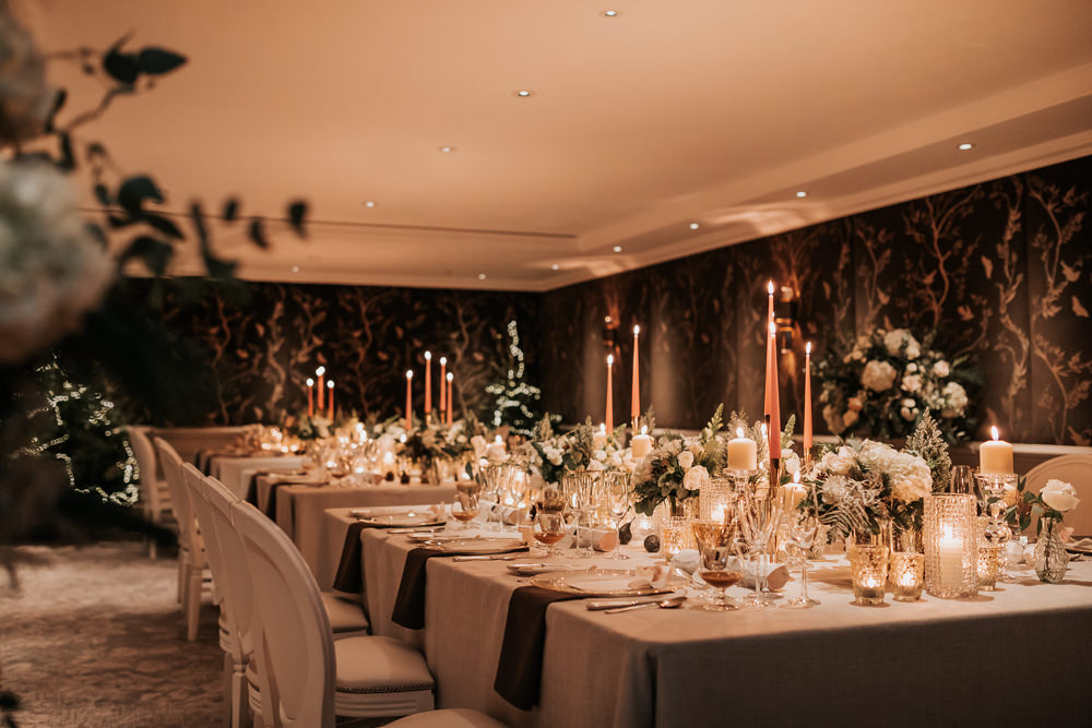 Table Decor Centrepiece Flowers Candles Long Table Four Seasons Hampshire Wedding Kate Gray Photography