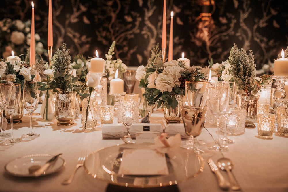 Table Decor Centrepiece Flowers Candles Long Table Place Setting Four Seasons Hampshire Wedding Kate Gray Photography