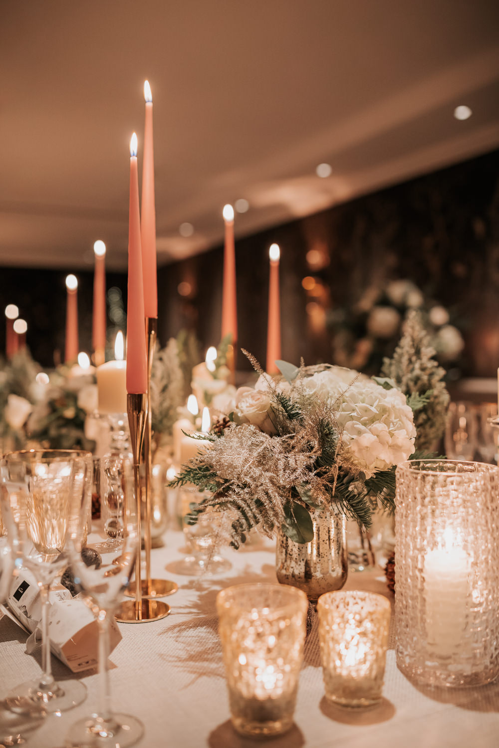 Table Decor Centrepiece Flowers Candles Long Table Four Seasons Hampshire Wedding Kate Gray Photography