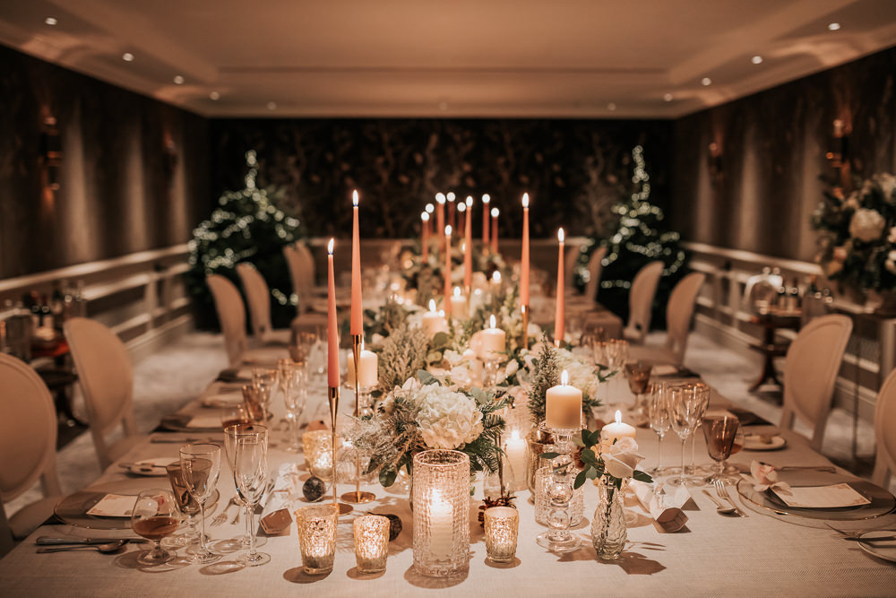 Table Decor Centrepiece Flowers Candles Long Table Four Seasons Hampshire Wedding Kate Gray Photography