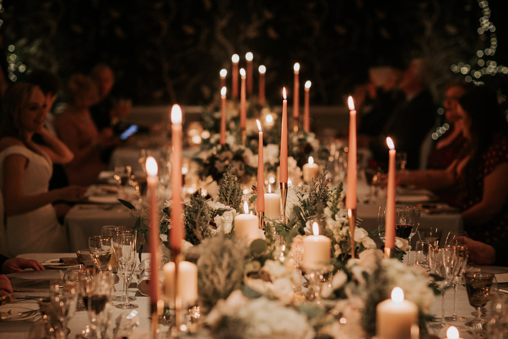 Table Decor Centrepiece Flowers Candles Long Table Four Seasons Hampshire Wedding Kate Gray Photography