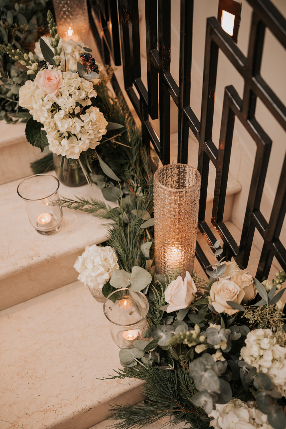 Stair Flowers Candles Four Seasons Hampshire Wedding Kate Gray Photography