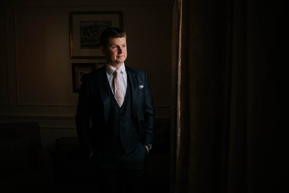 Groom Suit Pink Tie Four Seasons Hampshire Wedding Kate Gray Photography