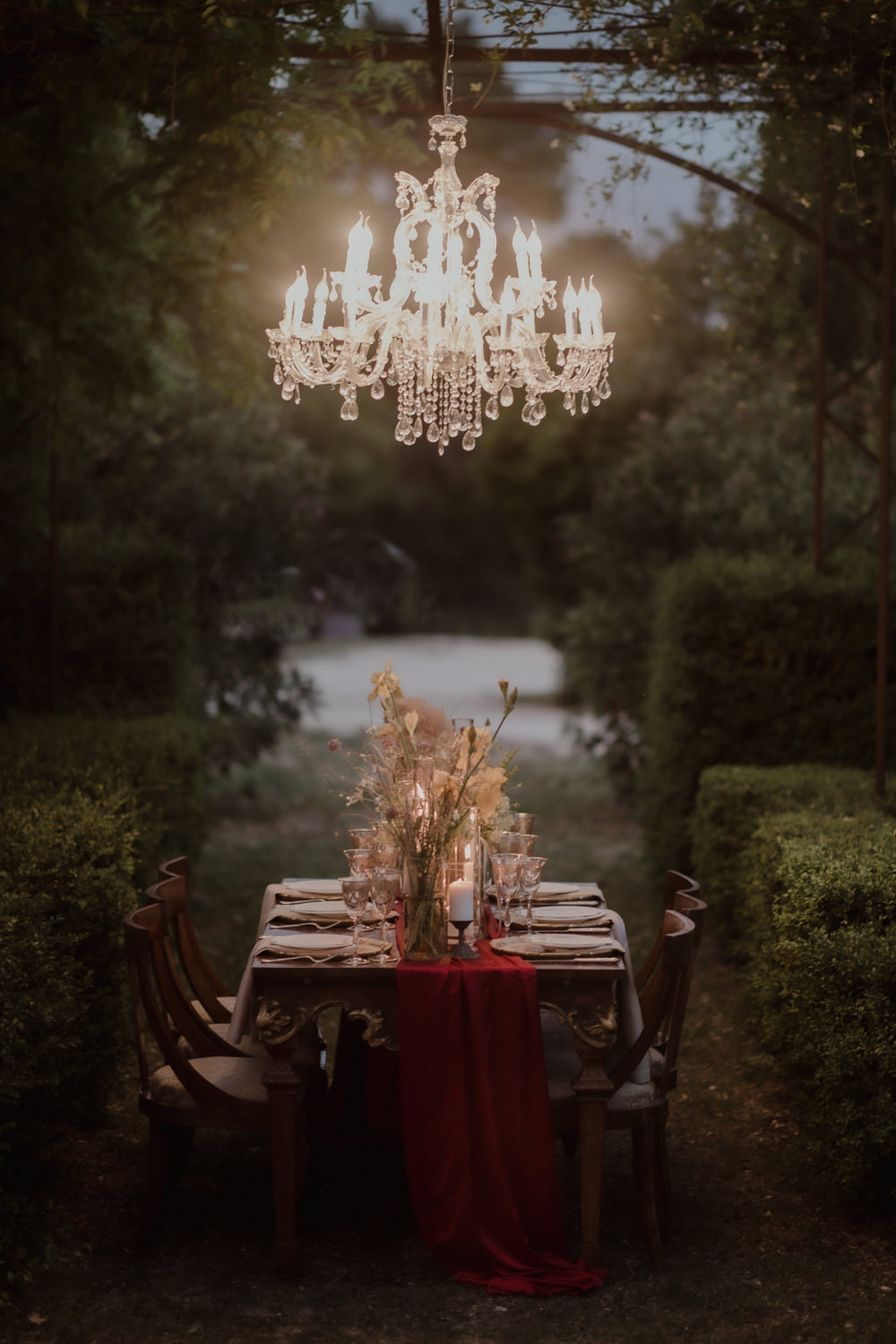 Table Tablescape Decor Candles Flowers Chandelier Lighting Italian Villa Wedding Andrea Federica