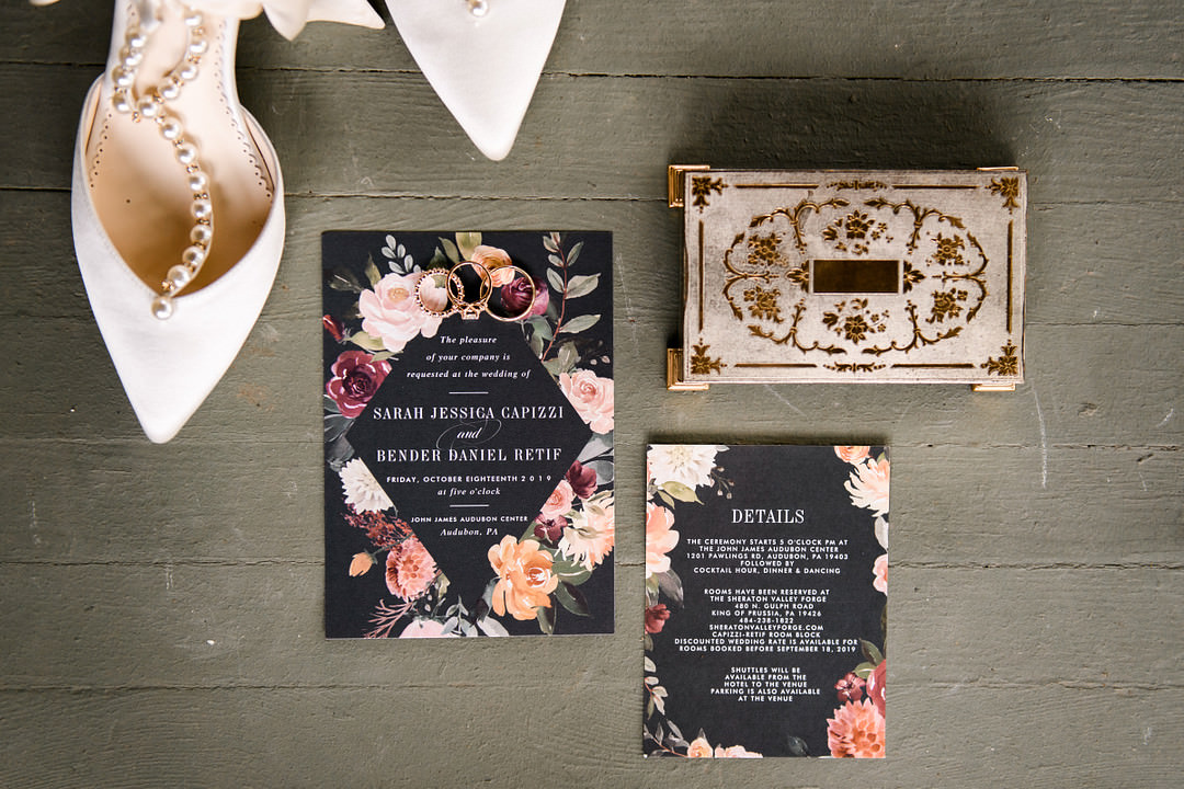 John James Audubon Center Wedding Kerry McIntyre Photography Floral Black Stationery Invite Invitation