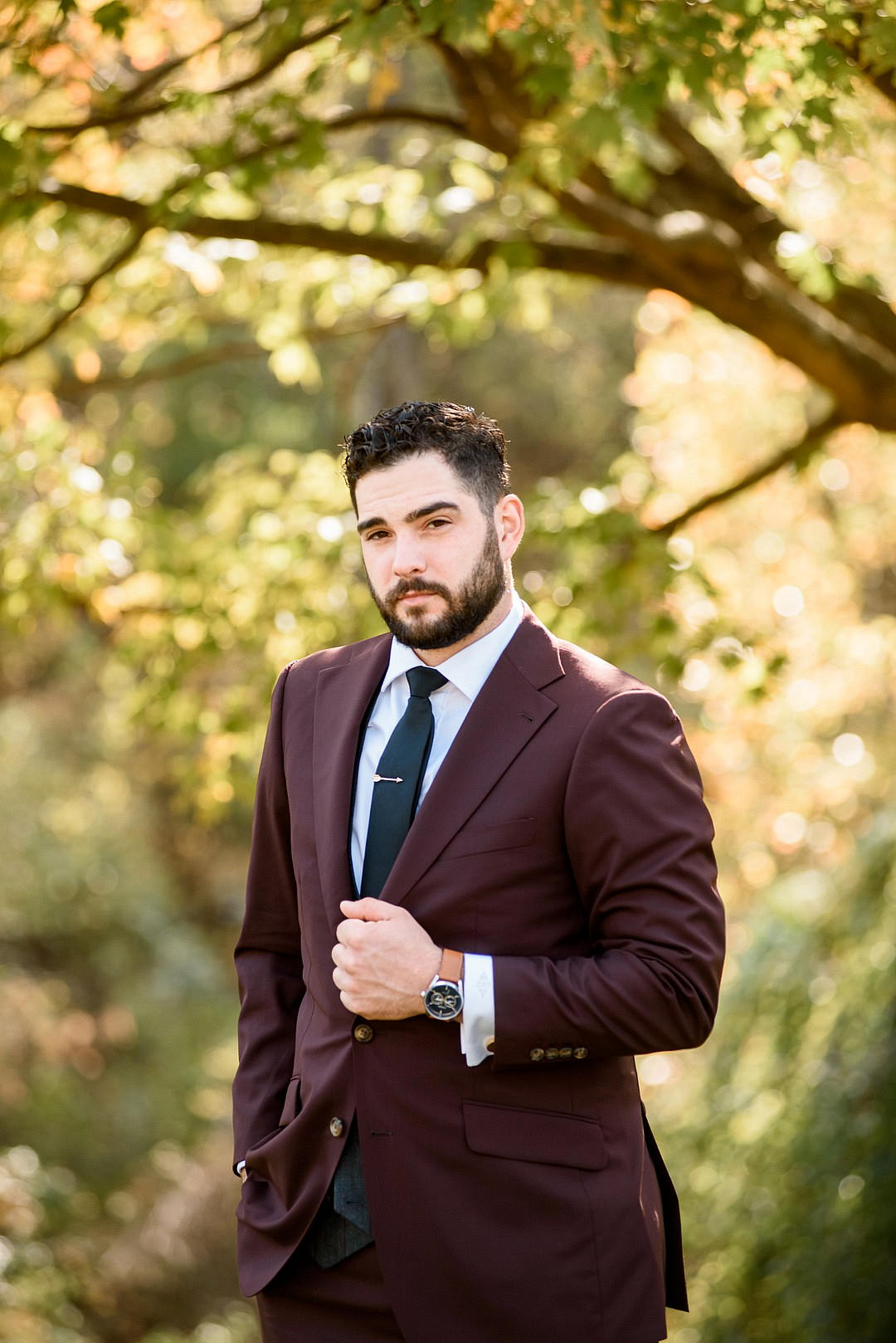 Red Burgundy Suit Groom John James Audubon Center Wedding Kerry McIntyre Photography