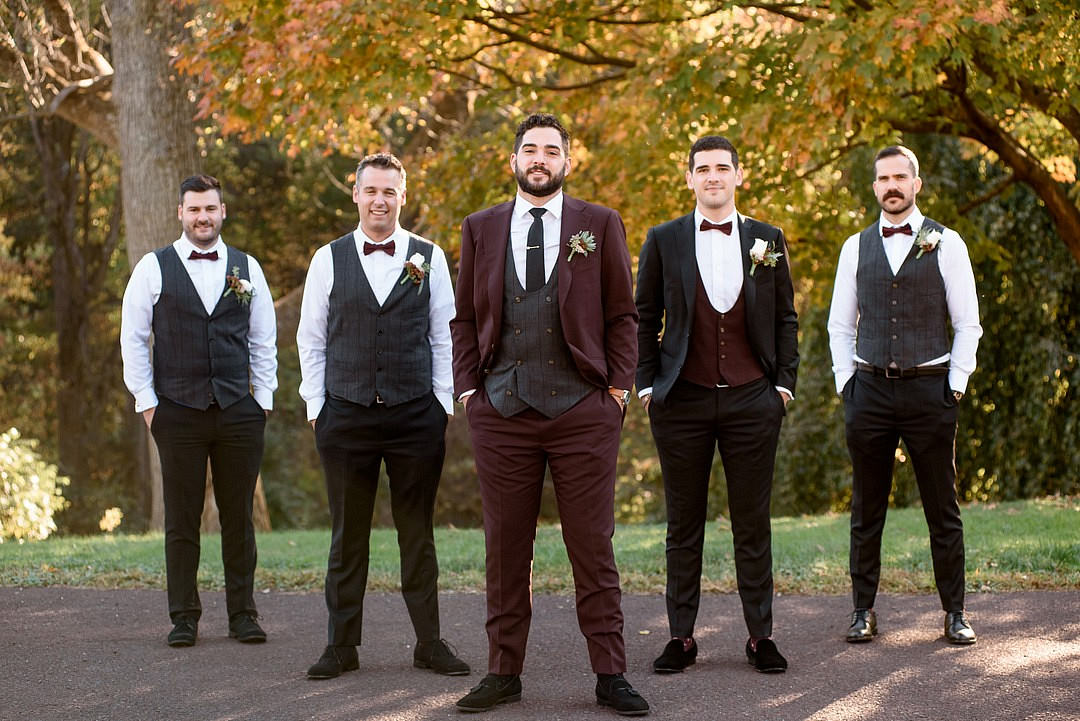 Groom Groomsmen Bow Tie Suit Red John James Audubon Center Wedding Kerry McIntyre Photography